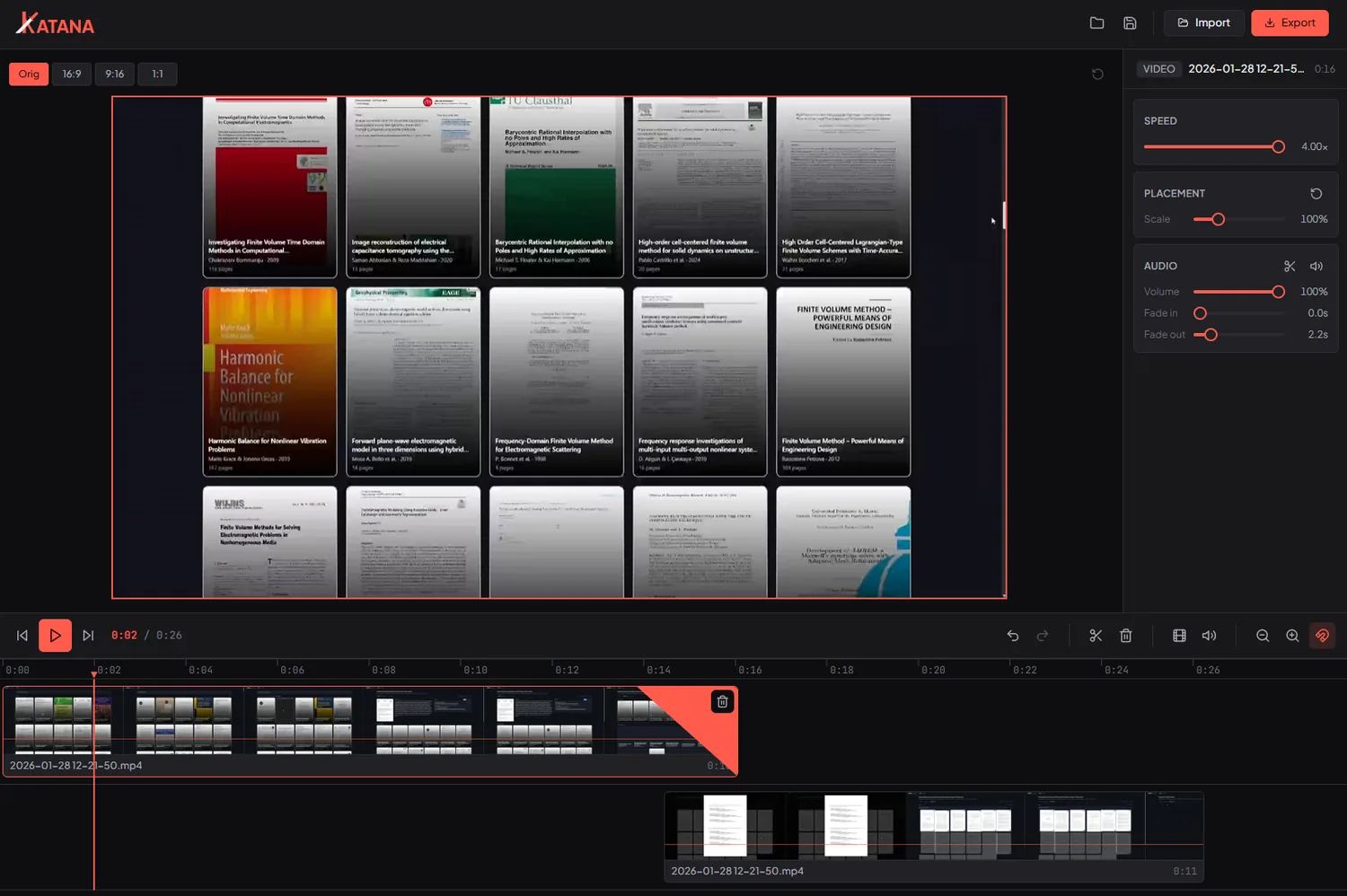 Katana video editor showing a multitrack timeline, the preview canvas and the clip properties panel