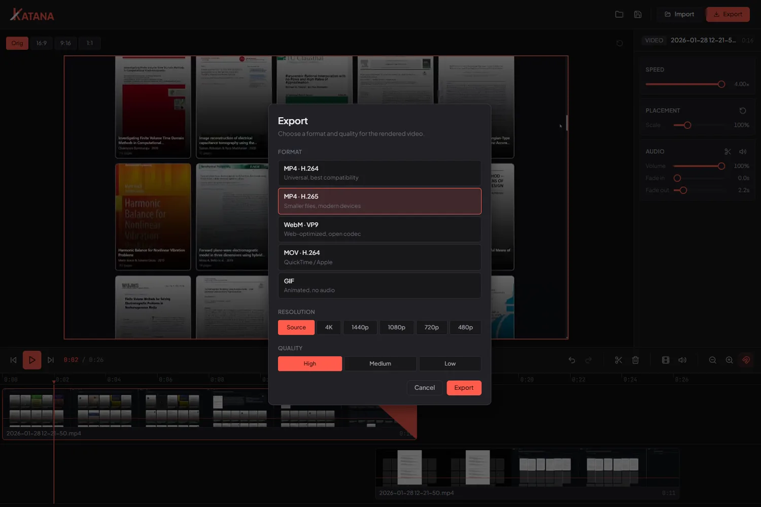 Katana export dialog with MP4, WebM, MOV and GIF formats plus resolution and quality settings